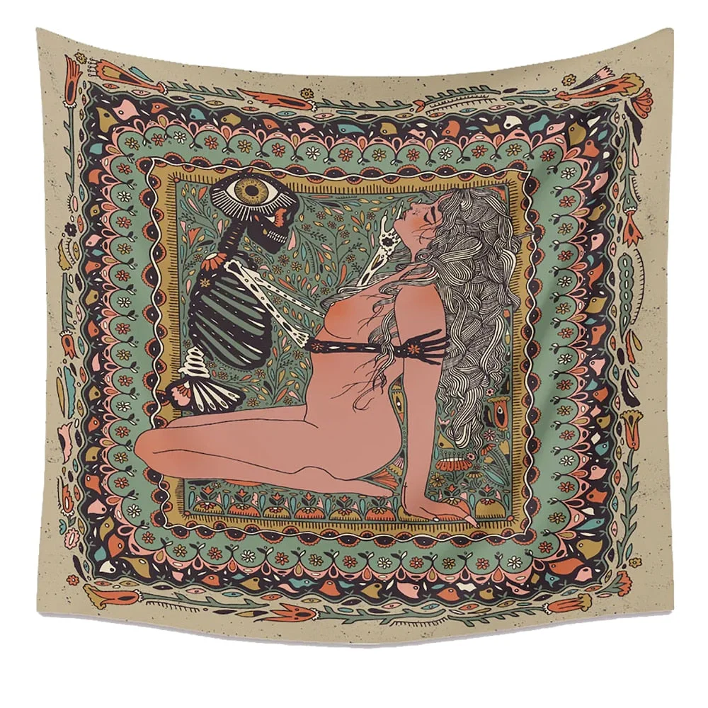 Psychedelic Nude Sexy Woman Skull Lover Tapestry Wall Hanging Trippy Flower Tapestry Fantasy Magic Tapestry Wall Art Home Decor