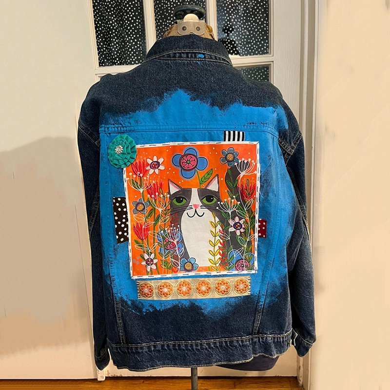Comstylish Pop Art Cat Oil Painting Pattern Denim Jacket