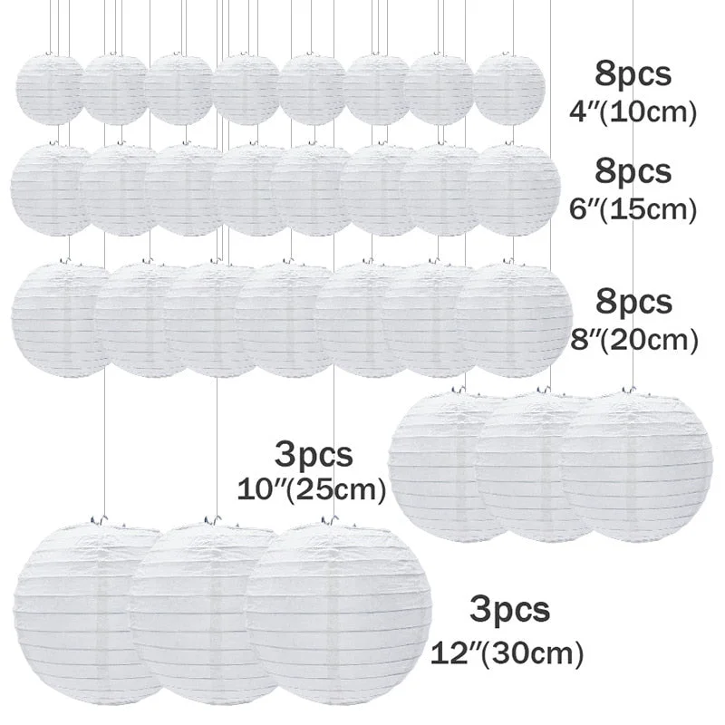 30pcs/lot 4 -12 White Chinese Paper Lanterns Ball Hanging Round Lantern for Wedding Birthday Party Eid Ramadan Decorations