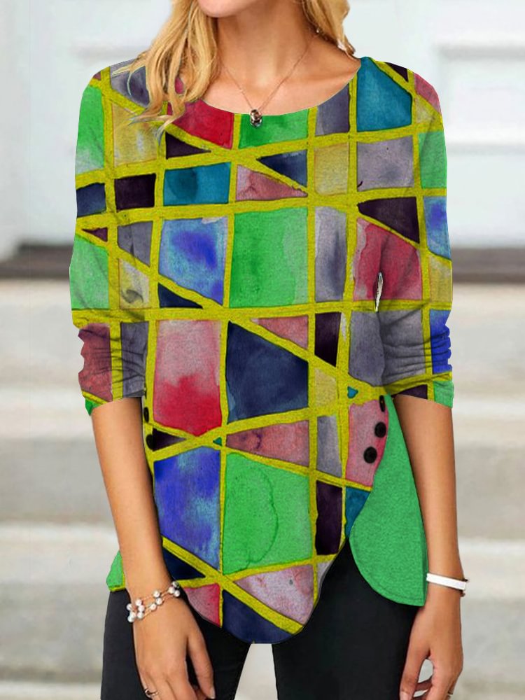 Vefave Colorblock Geometric Art Button Slit T Shirt