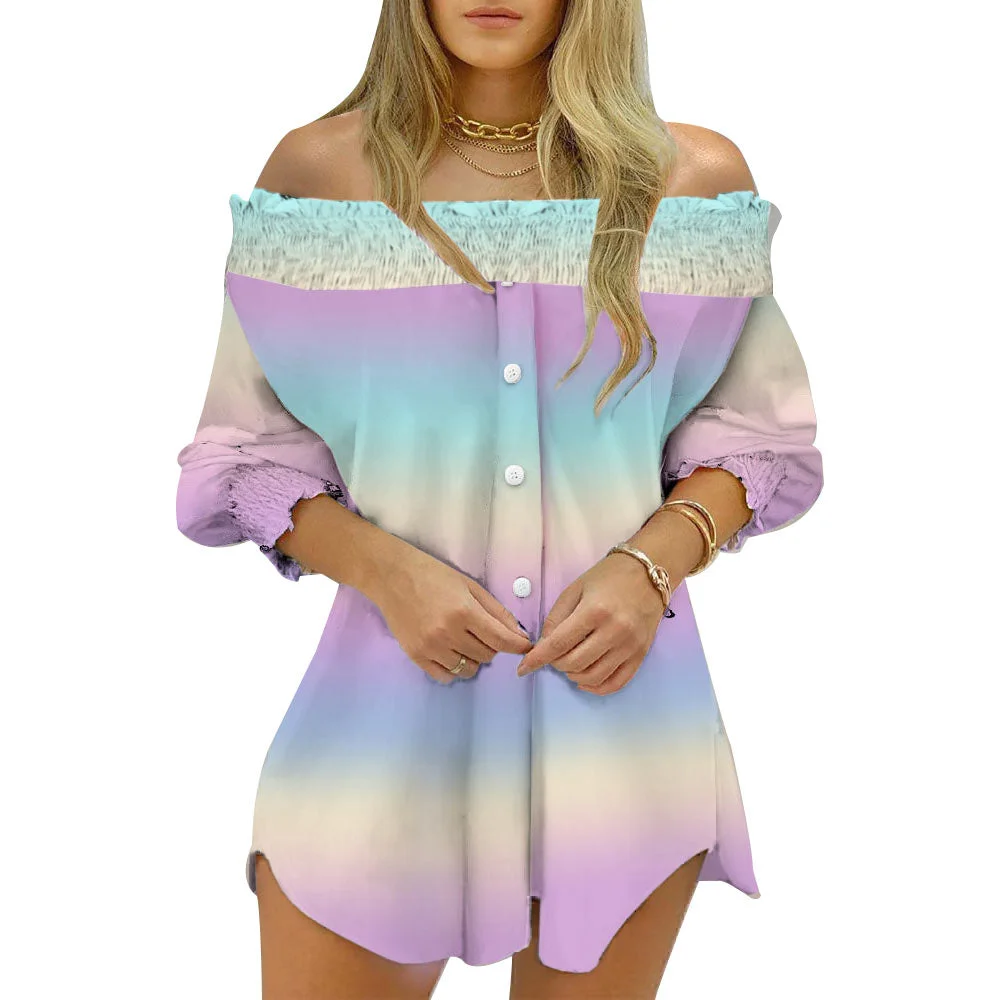 Slash Neck Single Breasted Shirt Three Quarter Sleeve Women Print Puff Sleeve Clothes Loose Ladies Female Spring Autumn Tops D30