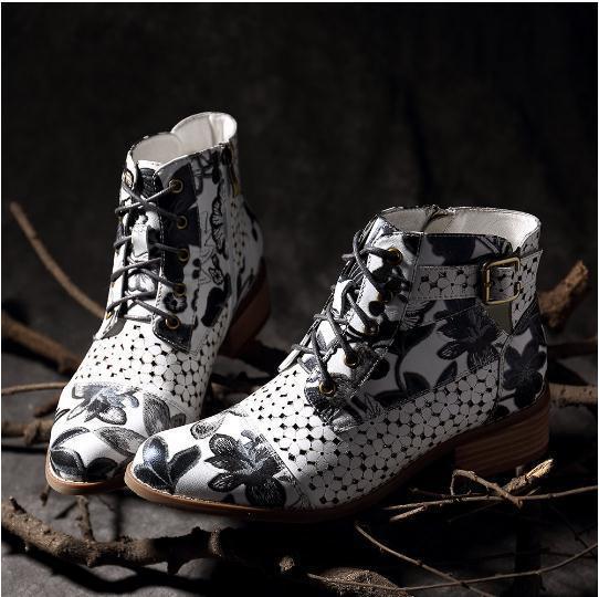 Women Flowers Printing Ankle Strap Short Lace Up Boots