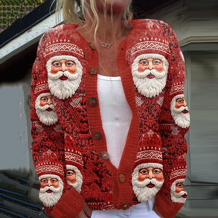 Vintage Christmas Santa Printed Comfortable Sweater Knit Cardigan