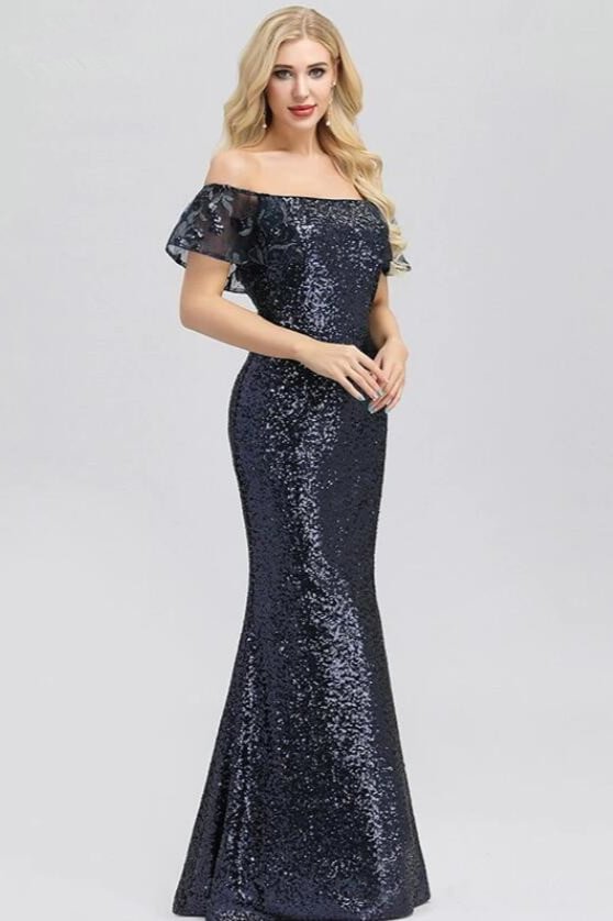 Elegant Off-the-Shoulder Prom Dresses Long Sequins Ruffles Evening ...