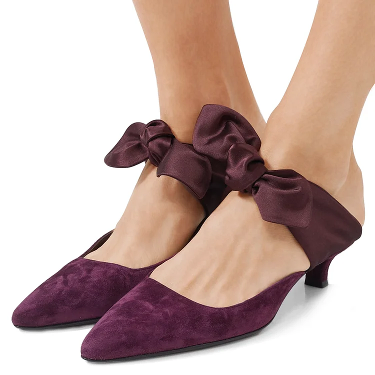 Dark Purple Bow Pointed Toe Kitten Heel Mules for Women |FSJ Shoes