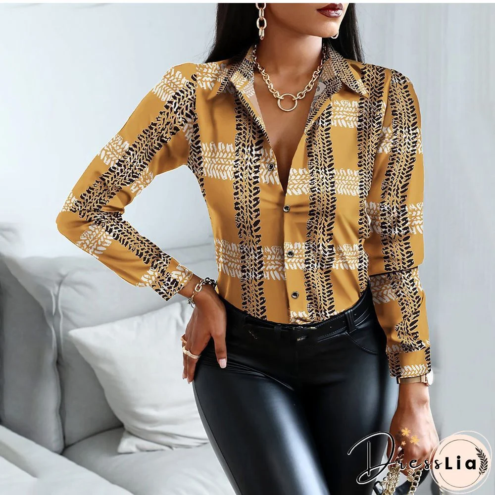 Autumn Women Black Floral Print Top Shirt Fashion Casual Long Sleeve Turn-down Collar Tops Shirts New Elegant Slim Button Shirts