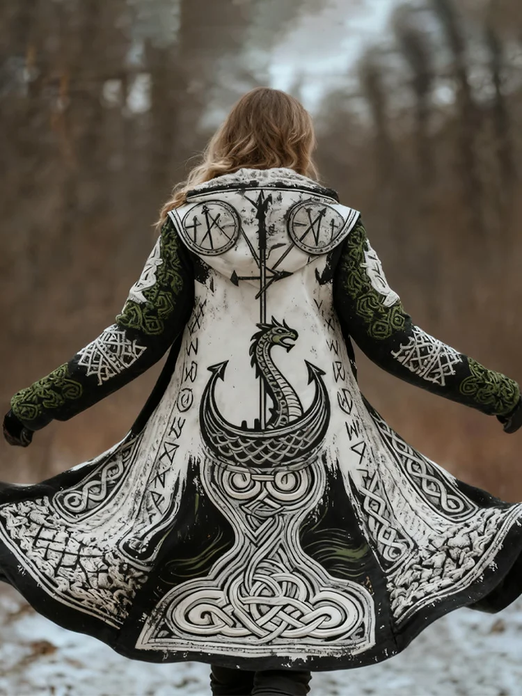 Viking Tribal Totem Embroidery Print Hooded Long Cardigan