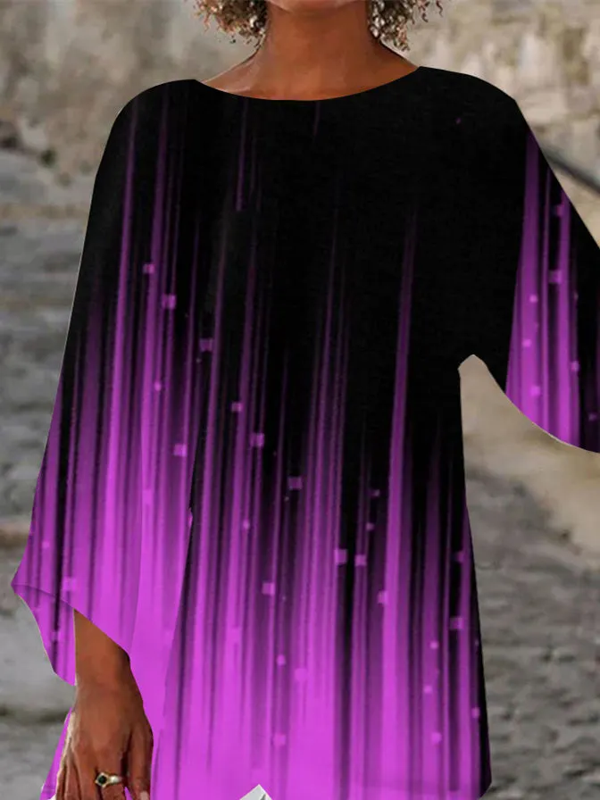 Women Asymmetrical 3/4 Sleeve Scoop Neck Floral Printed Gradient Tops