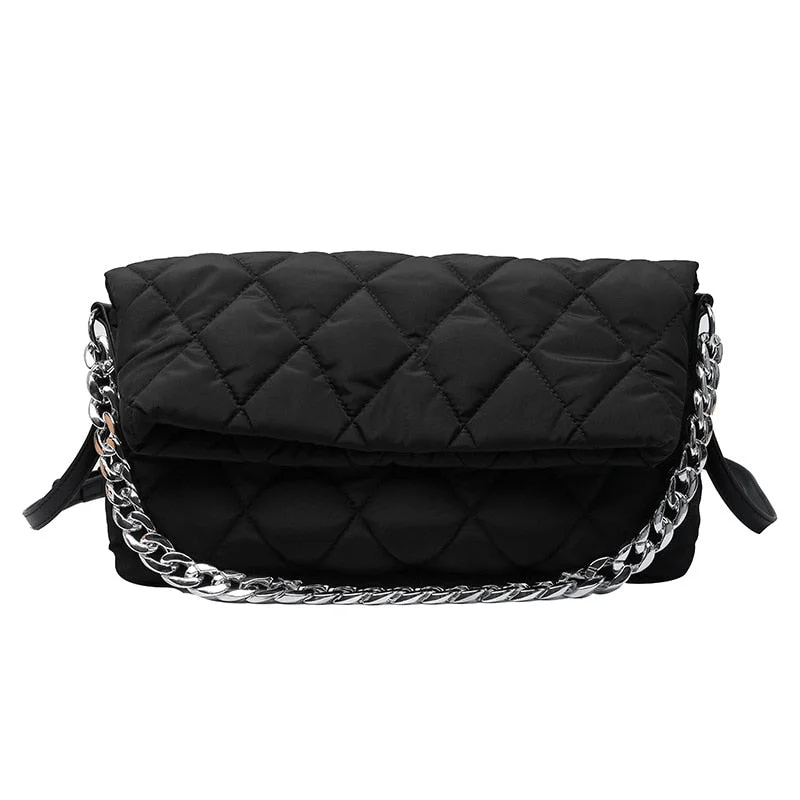 Casual Lingge Chains Nylon Crossbody Bag for Women Quilted Women Shoulder Bags Sapce Cotton Padded Handbags Big Tote 2021 Winter
