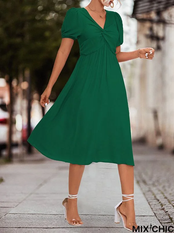 A-Line High Waisted Elasticity Knot Pleated Solid Color Split-Joint V-Neck Midi Dresses