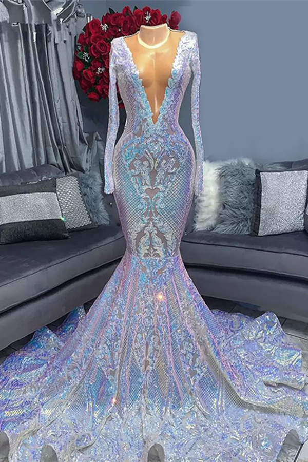 Bellasprom Mermaid Prom Dress V-Neck Long Sleeves Sequins Bellasprom