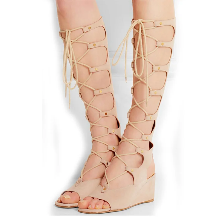 Nude Gladiator Heels Lace up Strappy Vegan Suede Wedge Heels Sandals |FSJ Shoes