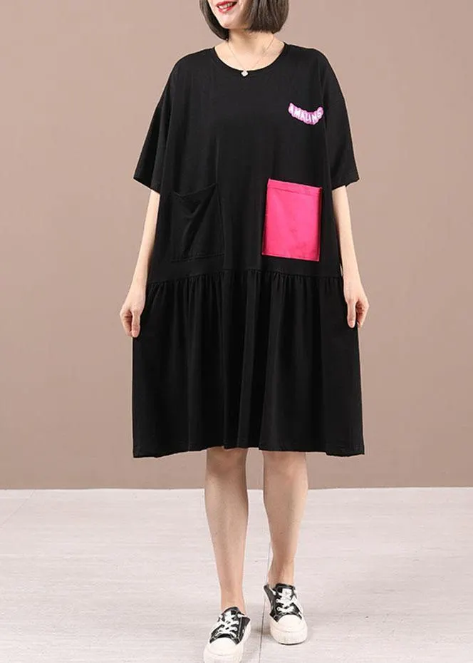 Black Cotton Patchwork Graphic Summer Dresses Half Sleeve