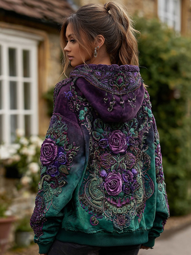 Vintage Floral Embroidery Gradient Art Casual Hooded