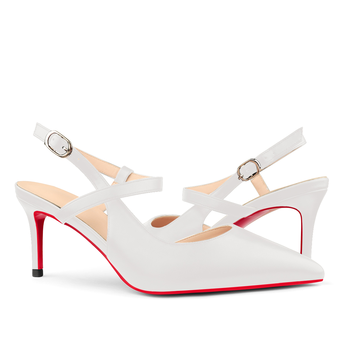 65mm Women Slingback Pumps Ankle Strap Red Bottom Stiletto Mid Heel Close Pointed Toe Summer Soles Sandals-MERUMOTE