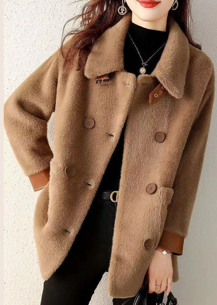 Coffee Pockets Patchwork Faux Fur Coat Peter Pan Collar Button Fall