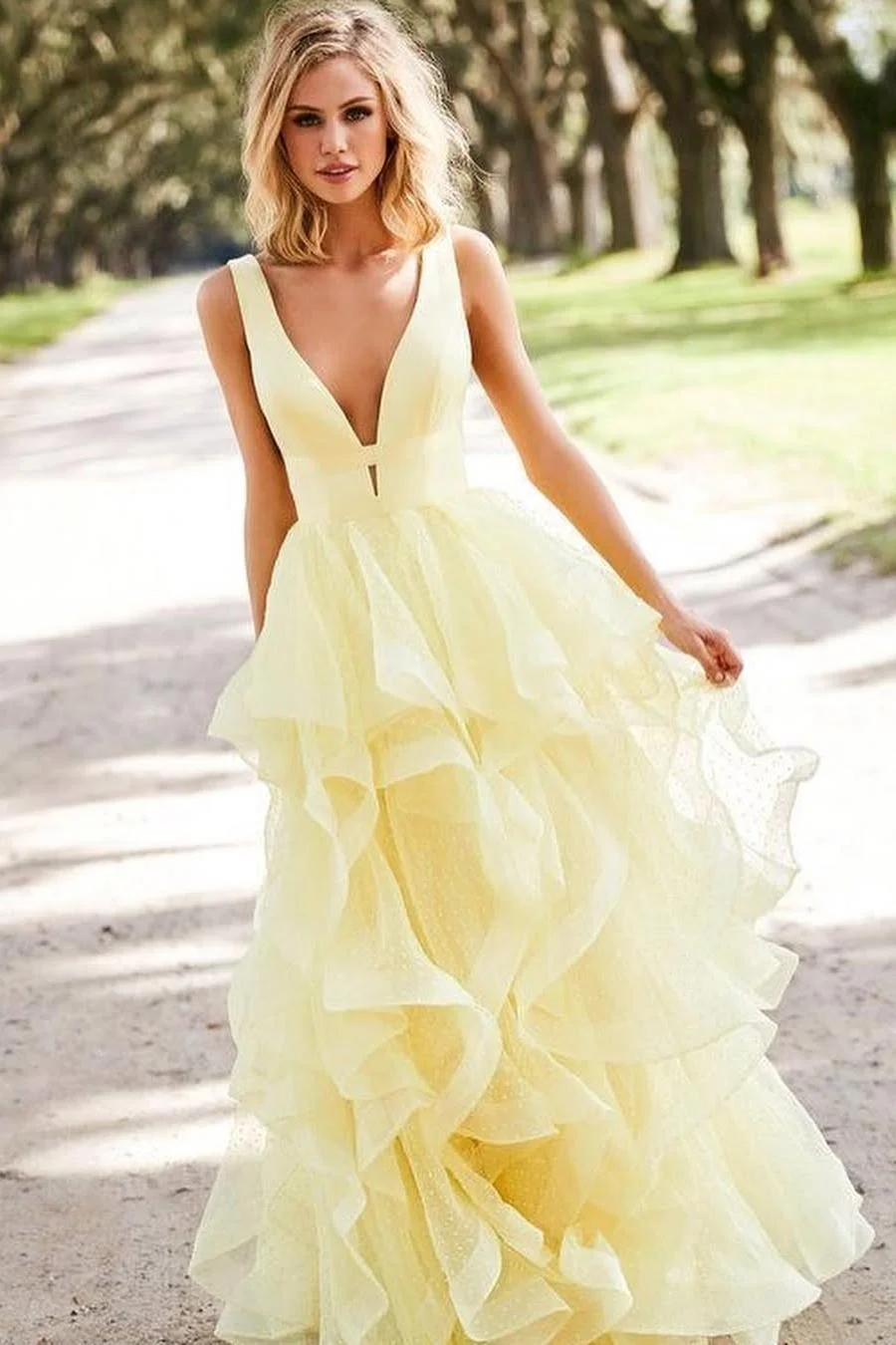 Miabel Elegant Tulle Light Daffodil V Neck Sleeveless Spaghetti Strap Long Prom Dress with Ruffles 