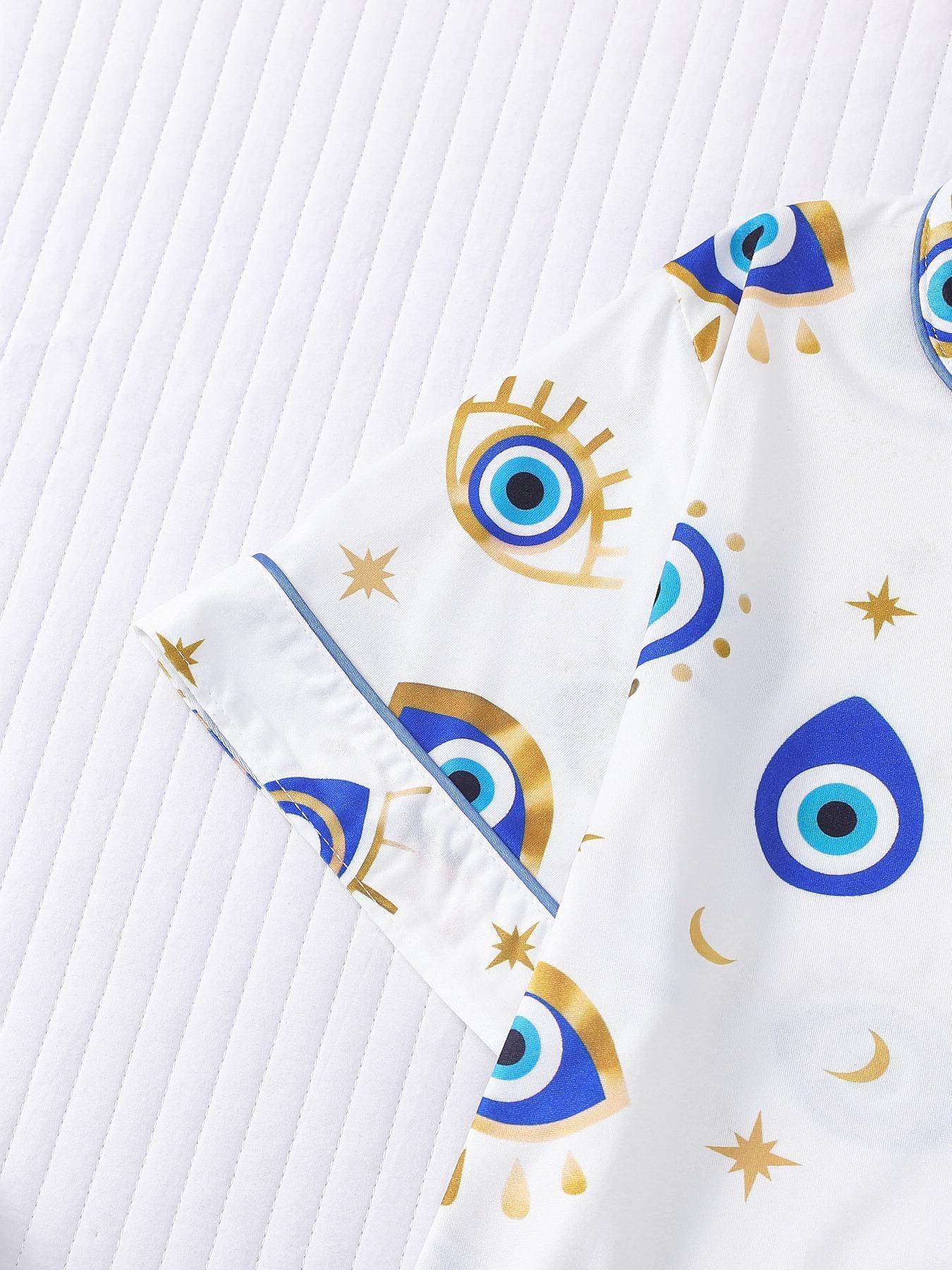 Women's All Over Cartoon Eye Print Short Sleeve Two-Piece Set, Comfy Button-Front Chest Pocket Lapel Neck Top & Elastic Waist Shorts PJ Set, Ladies Sleepwear for All Seasons, Pajamas, Loungewear