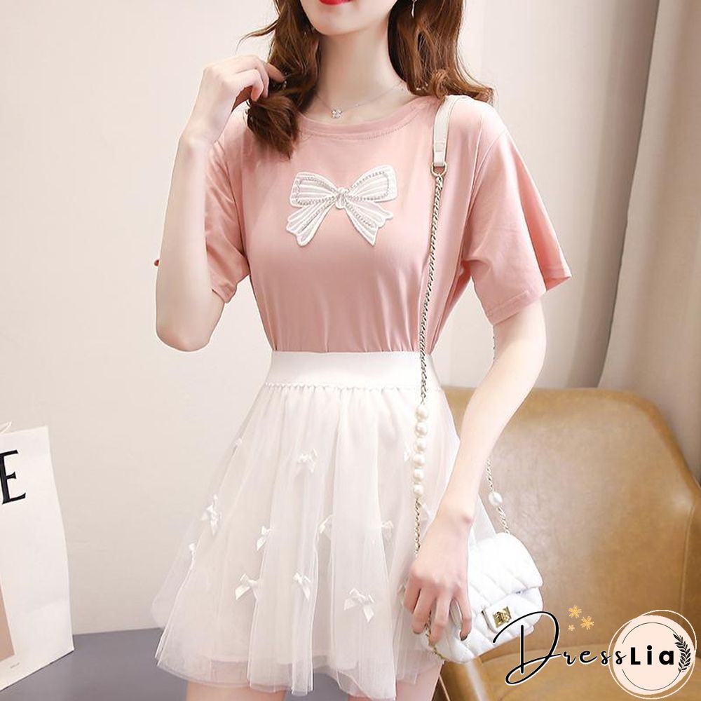 Sweet Bowknot Tee+Mesh Skirt P15738