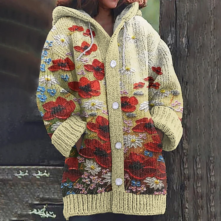 Floral Oil Painting Art Embroidery Cozy Hooded Cardigan