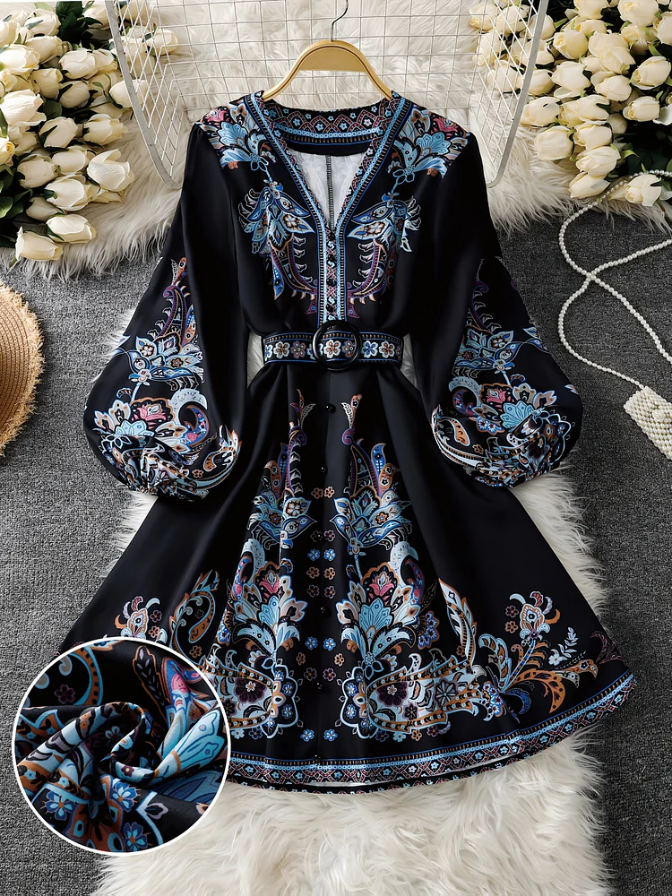 Bohemian Women's V-Neck Mini Dress | Black Floral Print, Fitted Bodice & Flared Skirt, Button-Up Front, Polyester Fabric, Perfect For Spring & Summer, Casual To Formal Wear