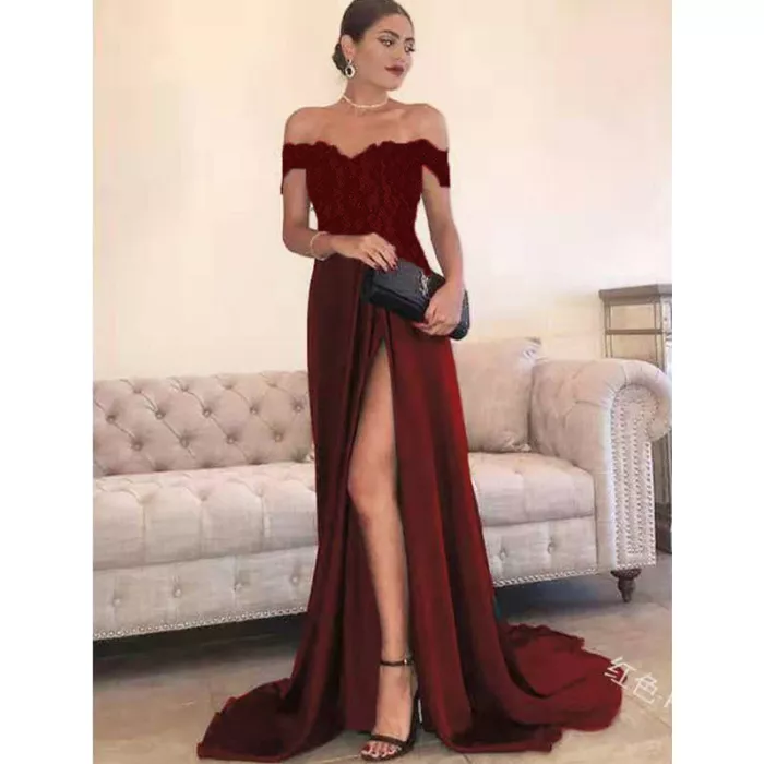 Fashion Solid A-Line Elastic Lace Applique Off Shoulder Sexy Slit Party Prom Dress