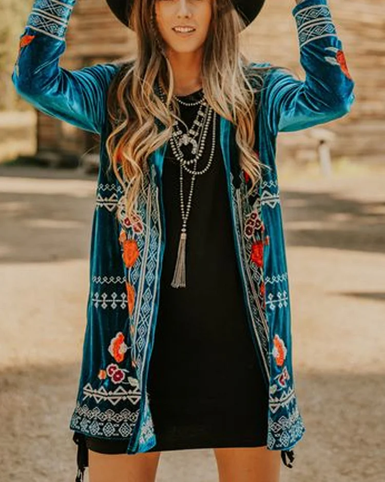 Velvet Embroidered Duster with Hoodie