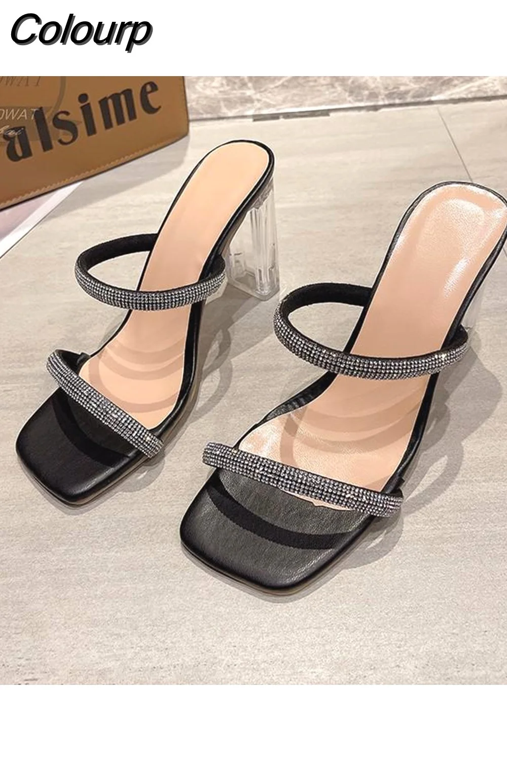 Colourp Slippers Female Shoes Fashion Rhinestone New Summer Shoes Women Party Crystal Clear Cool Mules Slide Open Toe 2023