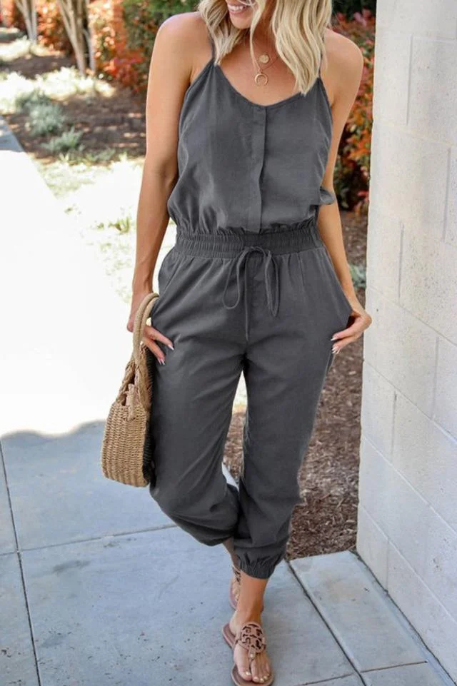 Spaghetti Straps Drawstring Waist Pocket Jumpsuit