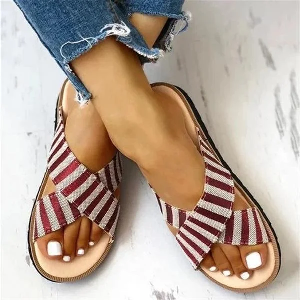 Crisscross Design Striped Flat Sandals