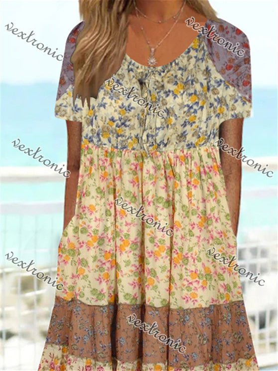 Women Short Sleeve Scoop Neck Floral Printed Stitching Maxi Dress