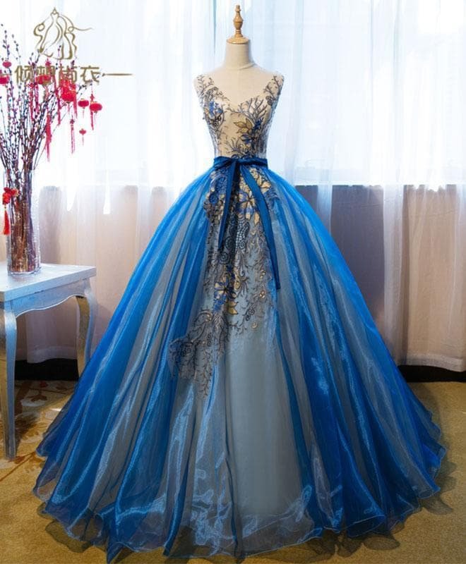 Royal Blue V Neck Lace Applique Long Prom Dress, Blue Evening Dress