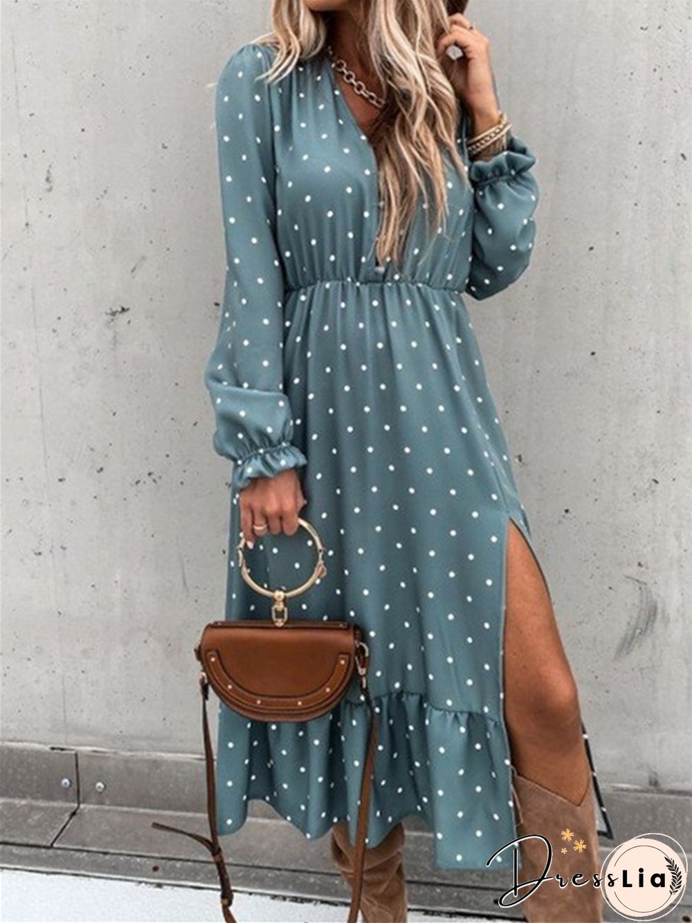 V-neck Polka-dot Print Long-sleeved Dress