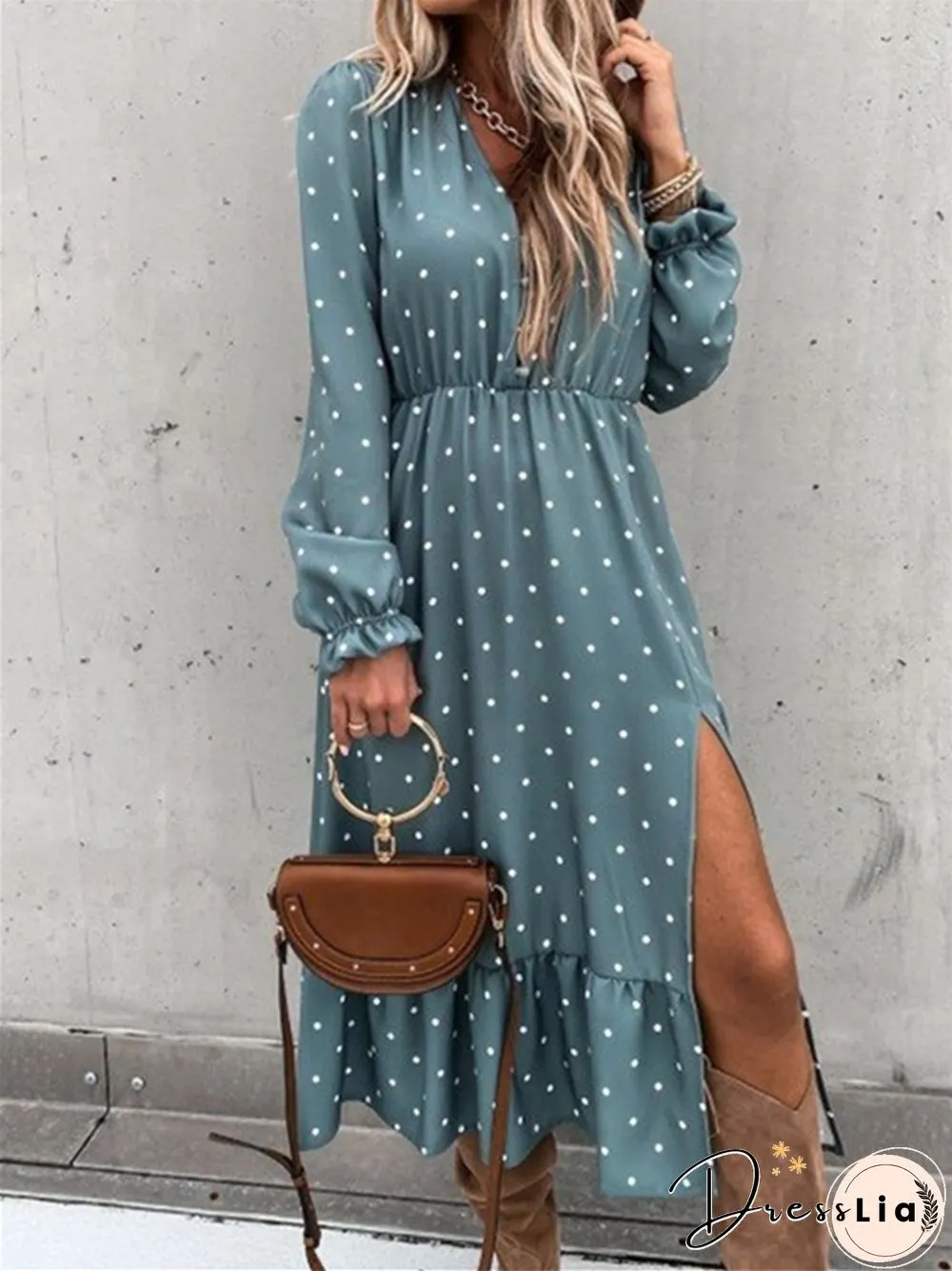 V-neck Polka-dot Print Long-sleeved Dress
