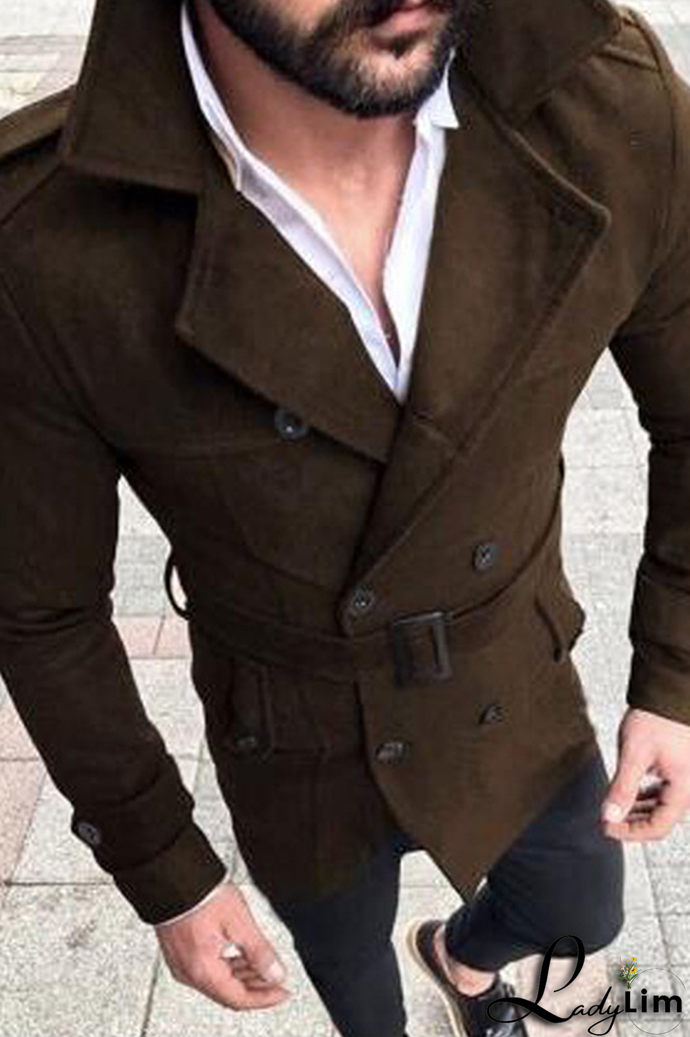 Blue Fashion Casual Solid Pocket Buckle With Belt Turndown Collar Outerwear