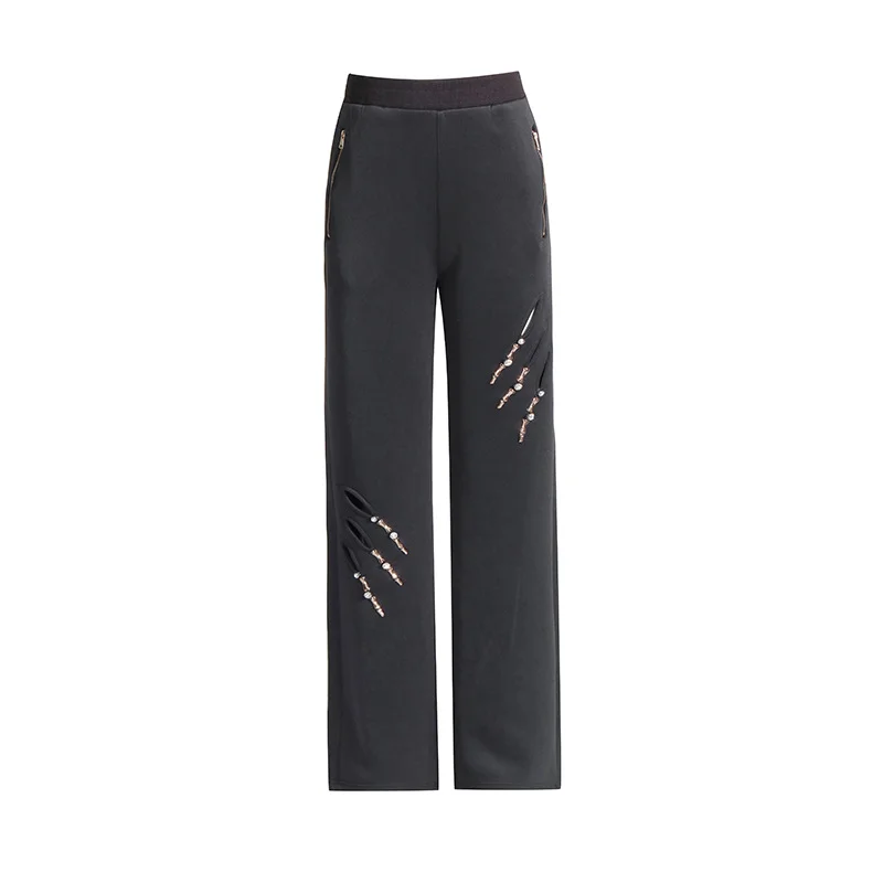 Toloer Toloer New Fashion Casual Solid Color Loose Hollow Design Sense With Diamond Decoration Women's Wide Leg Pants Sports Pants-Outfit Ideas