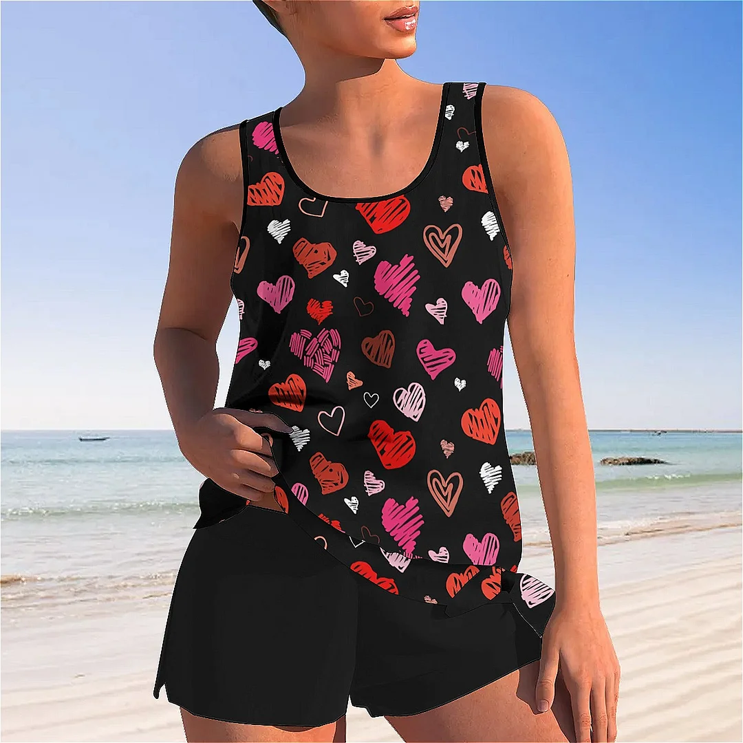 Bowknot Heart,Love,Valentine's Day Mid Waisted Tankini Set - Plus Size Available