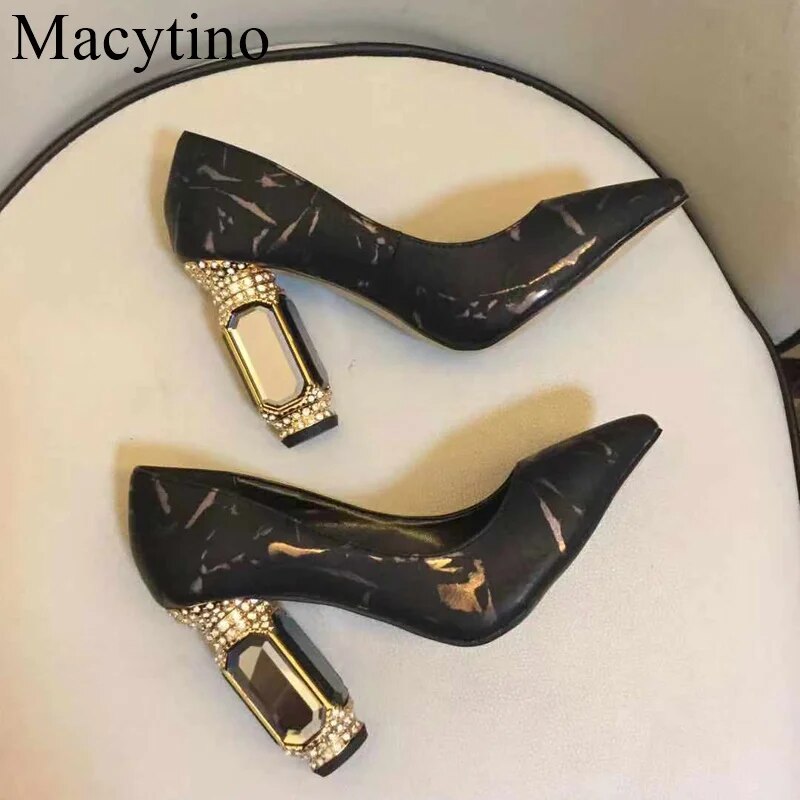 VCSHOES White Pointed Toe Shallow High Heels Glass Rhinestone Thick Heel Single Shoes Simple All-match Women's Shoes