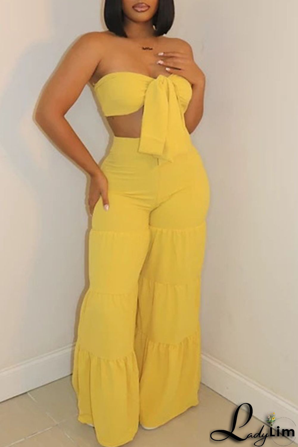 Black Sexy Solid Bandage Split Joint Fold With Bow Strapless Sleeveless Two Pieces