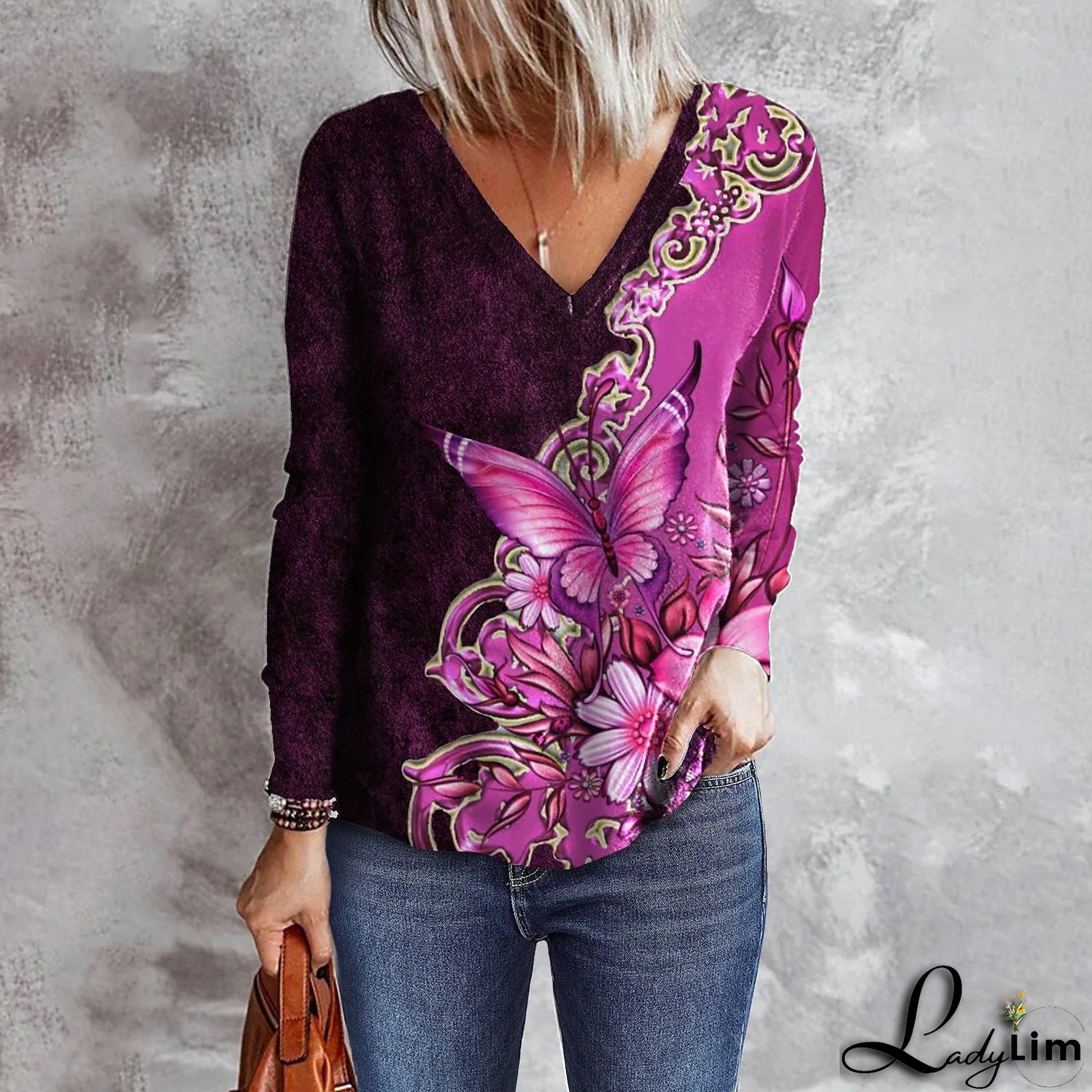 V-neck Long Sleeve Loose T-shirt for Women Flower and Butterfly Print