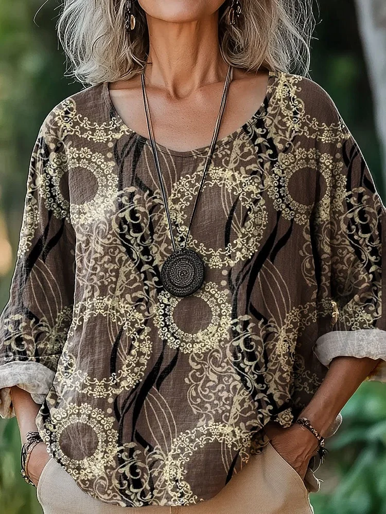 Women's Vintage Flower Art Print Casual Cotton And Linen Shirt