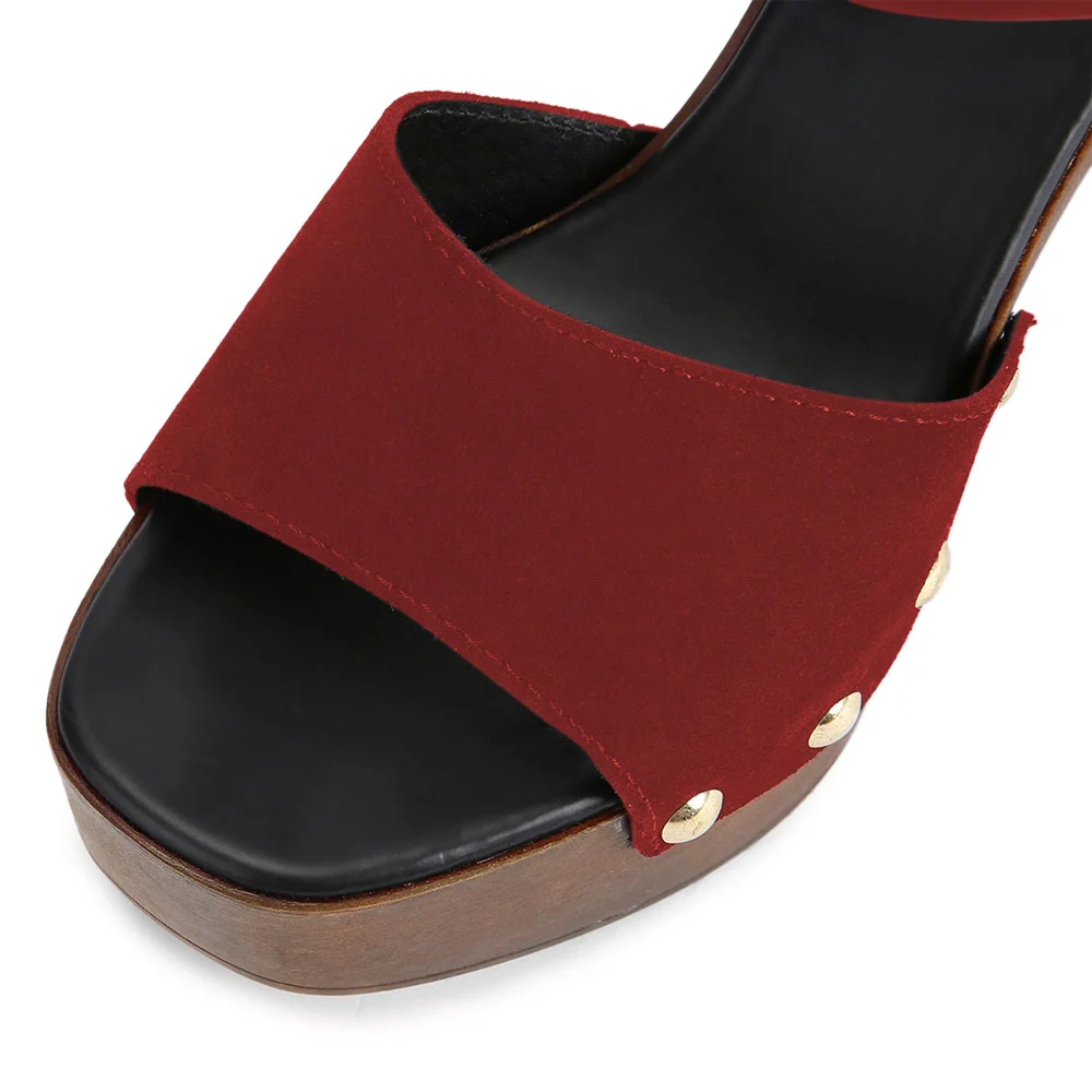 Red Patchwork Open Toe Ankle Strap Studded Platform Heel Sandals