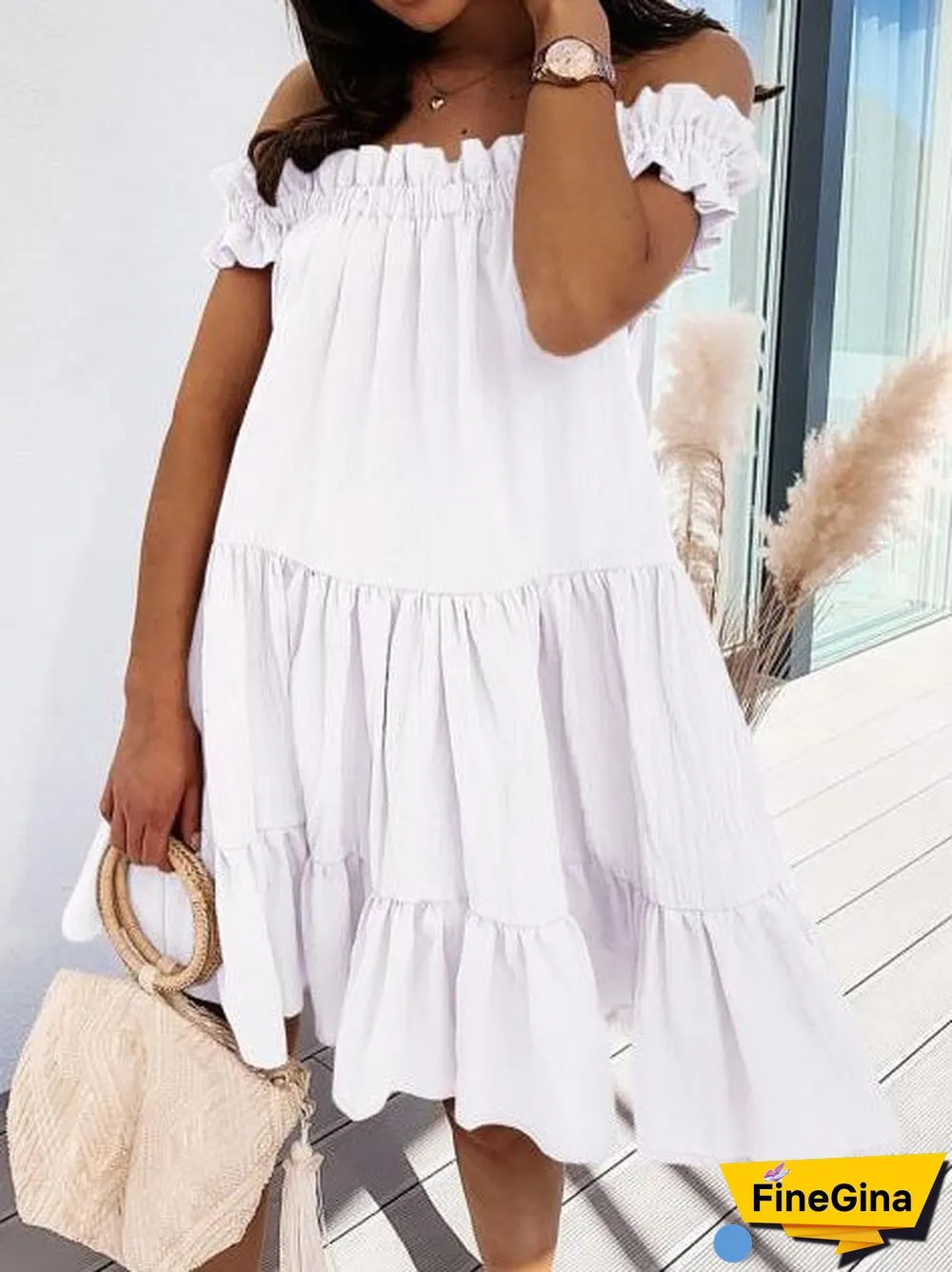 Women'S Dresses Loose One Word Collar Ruffle Dress
