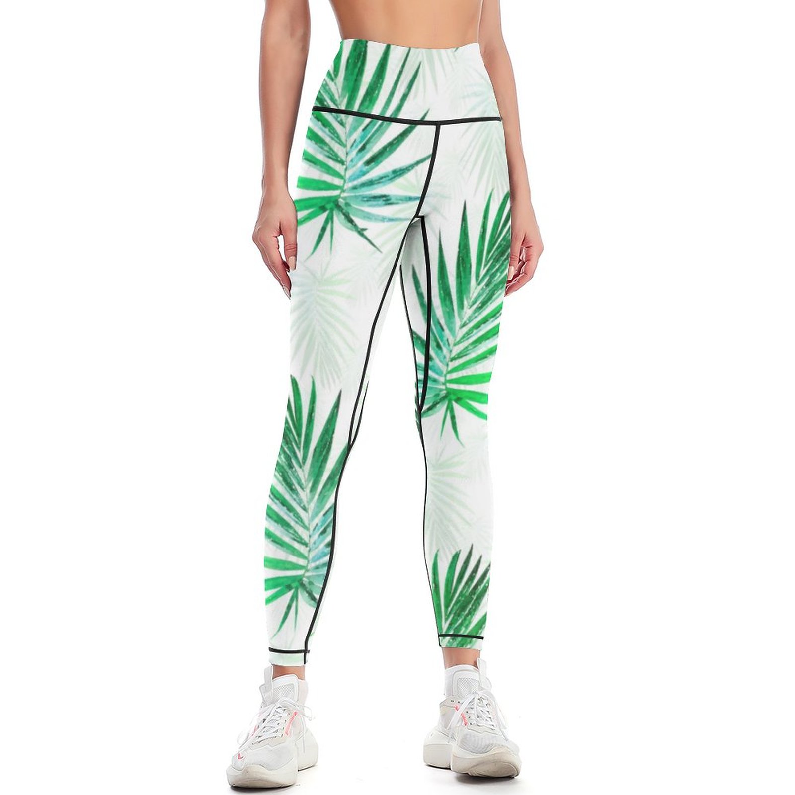 Modern Green Tropical Palm Leaves White Design Women Yoga Print Wideband Waist Sports Leggings Running Pant