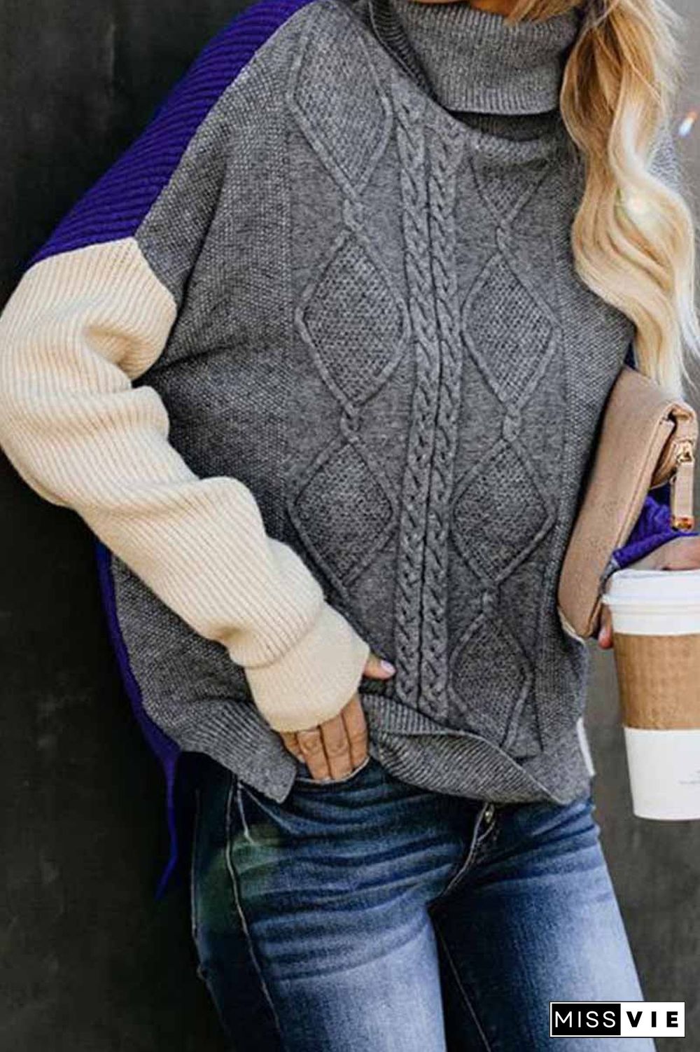 Loose High Neck Striped Double Color Sweater
