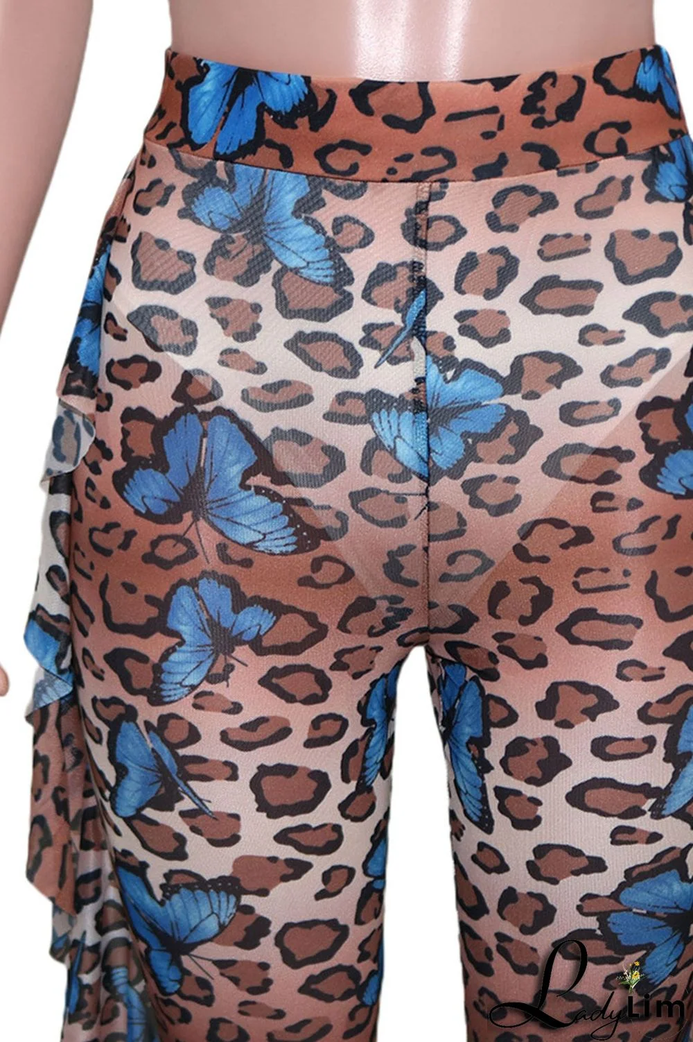 Pink Sexy Print Split Joint Flounce Halter Sleeveless Two Pieces