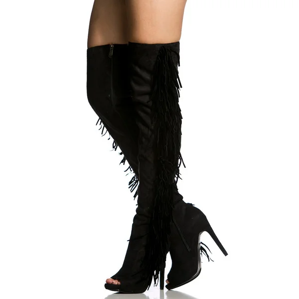 Black Fringe Stiletto Heel Peep Toe Thigh High Boots with Platform |FSJ Shoes