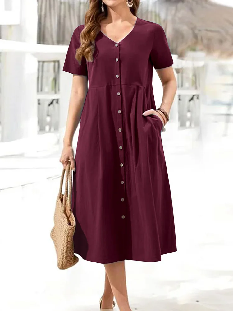 Comstylish Solid Button Up V Neck Comfy Midi Dress