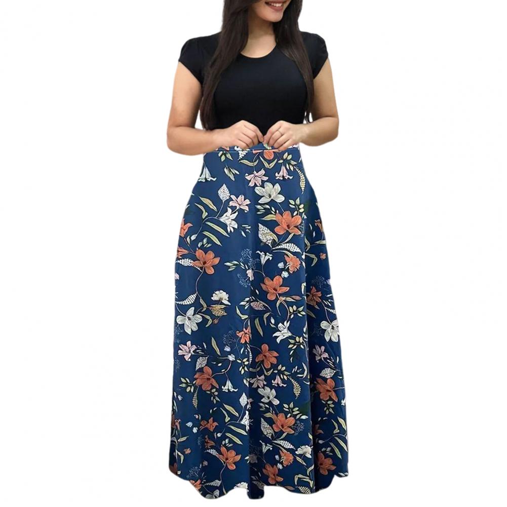 Payietm glam dresses for women 2025 Summer Maxi Dress Flower Print Short Sleeves Dress A-line High Waist Dating Commute Long Dress