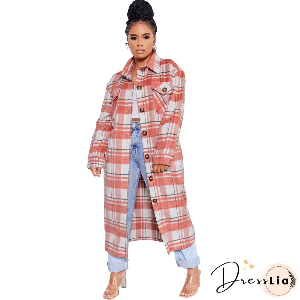 Classic Check Single-breasted Long Woolen Coat